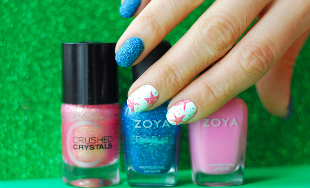 freehand stars pink blue winter nails