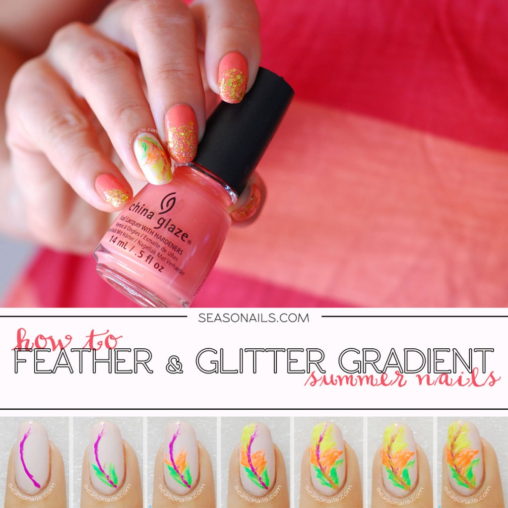 how to feather nail accent glitter summer nails tutorial