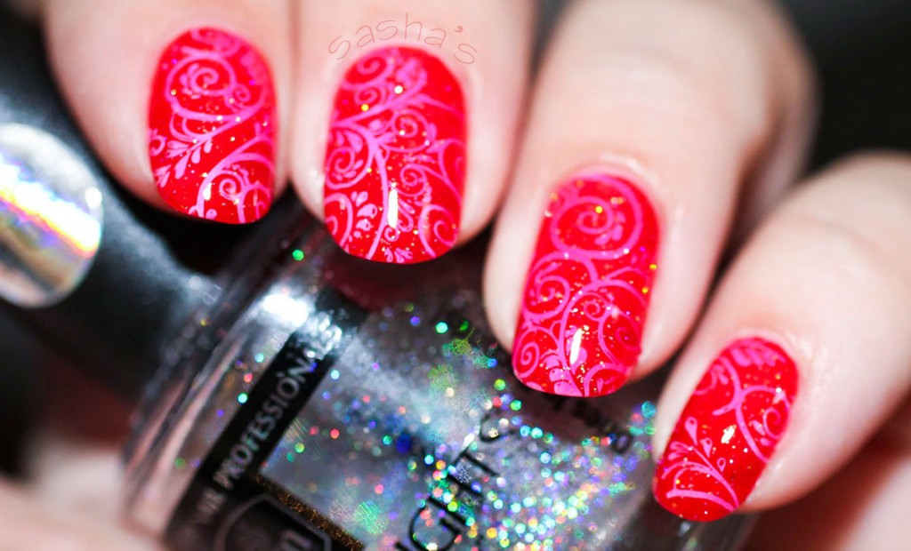 jelly stamped red nails holo topper