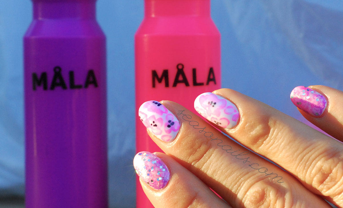 pink flowers marbled glitter nails