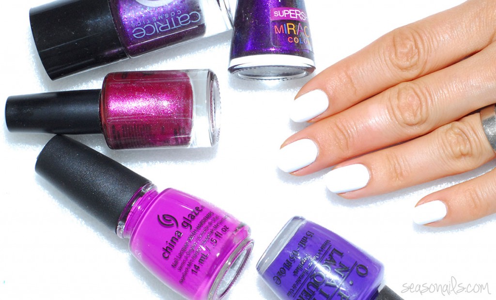 purple polishes white nails preparing nail art