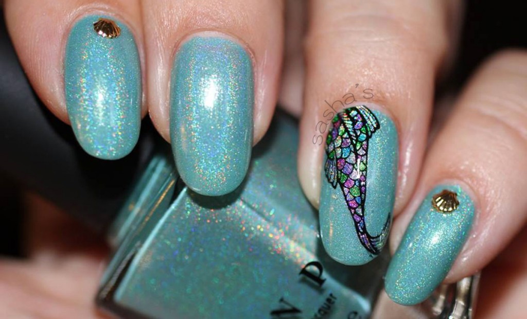 mermaid holo stamped nails
