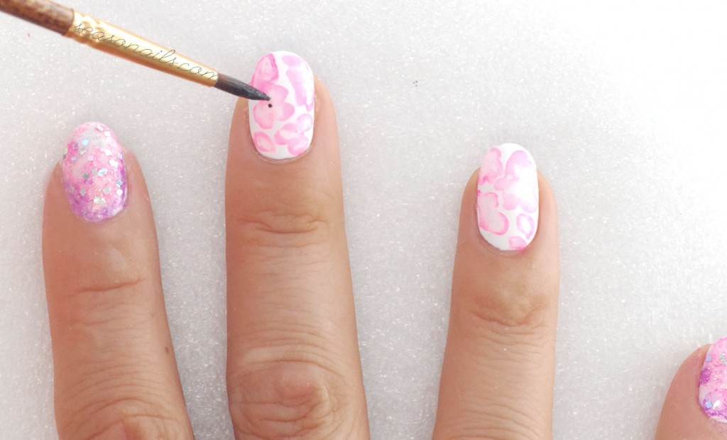 pink glitter watermarble flowers nail art