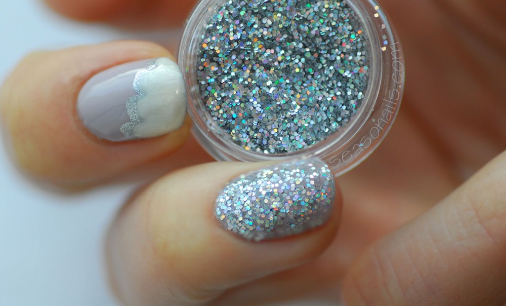 silver lining clouds winter nail art with glitter