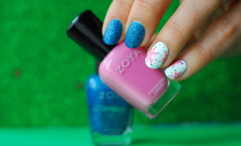 snowflakes pink blue winter nails
